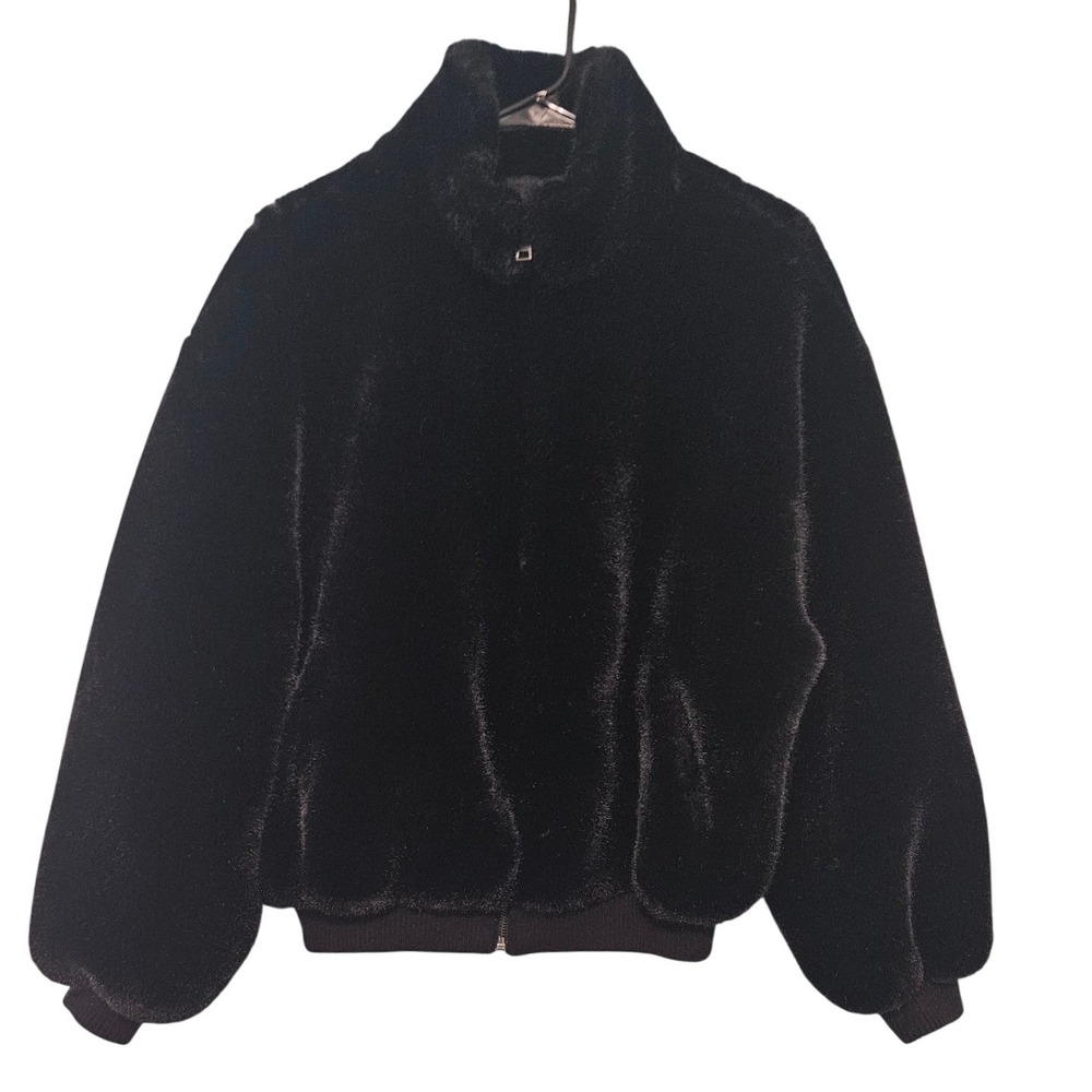 Zara Black Faux Fur Bomber Jacket Oversized Funnel Neck Cozy‎ Chic Glam Plush